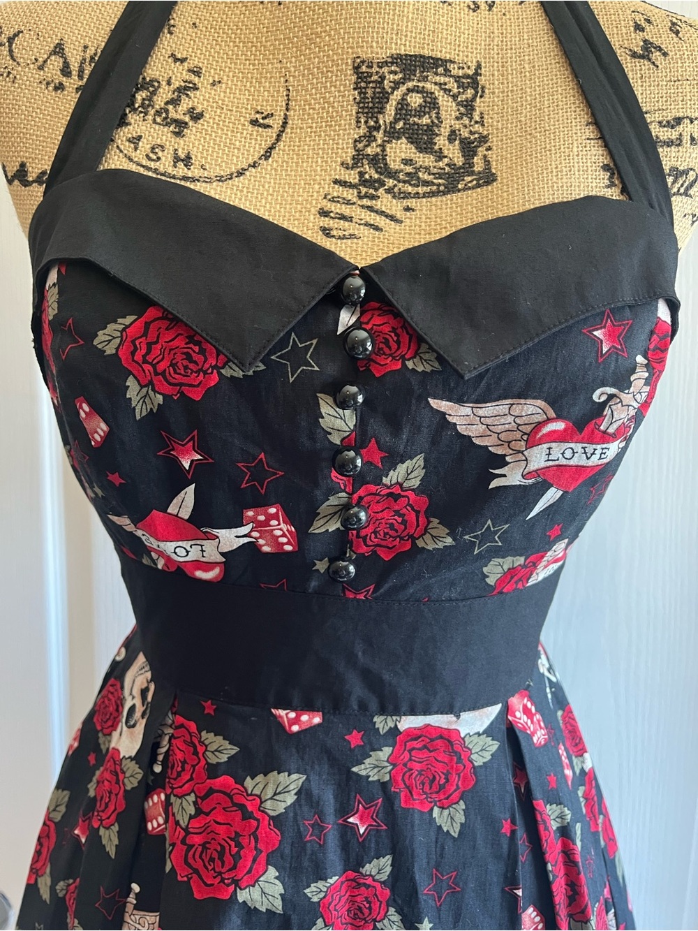 Hot Topic Tattoo Print Halter Dress XS Rockabilly Pinup Roses Skulls